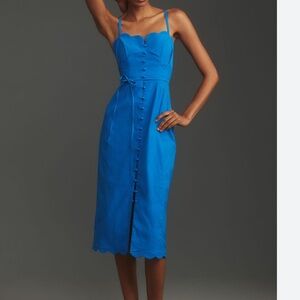By Anthropologie Linen Sweetheart Slim Midi Dress Blue Size 14 NWT